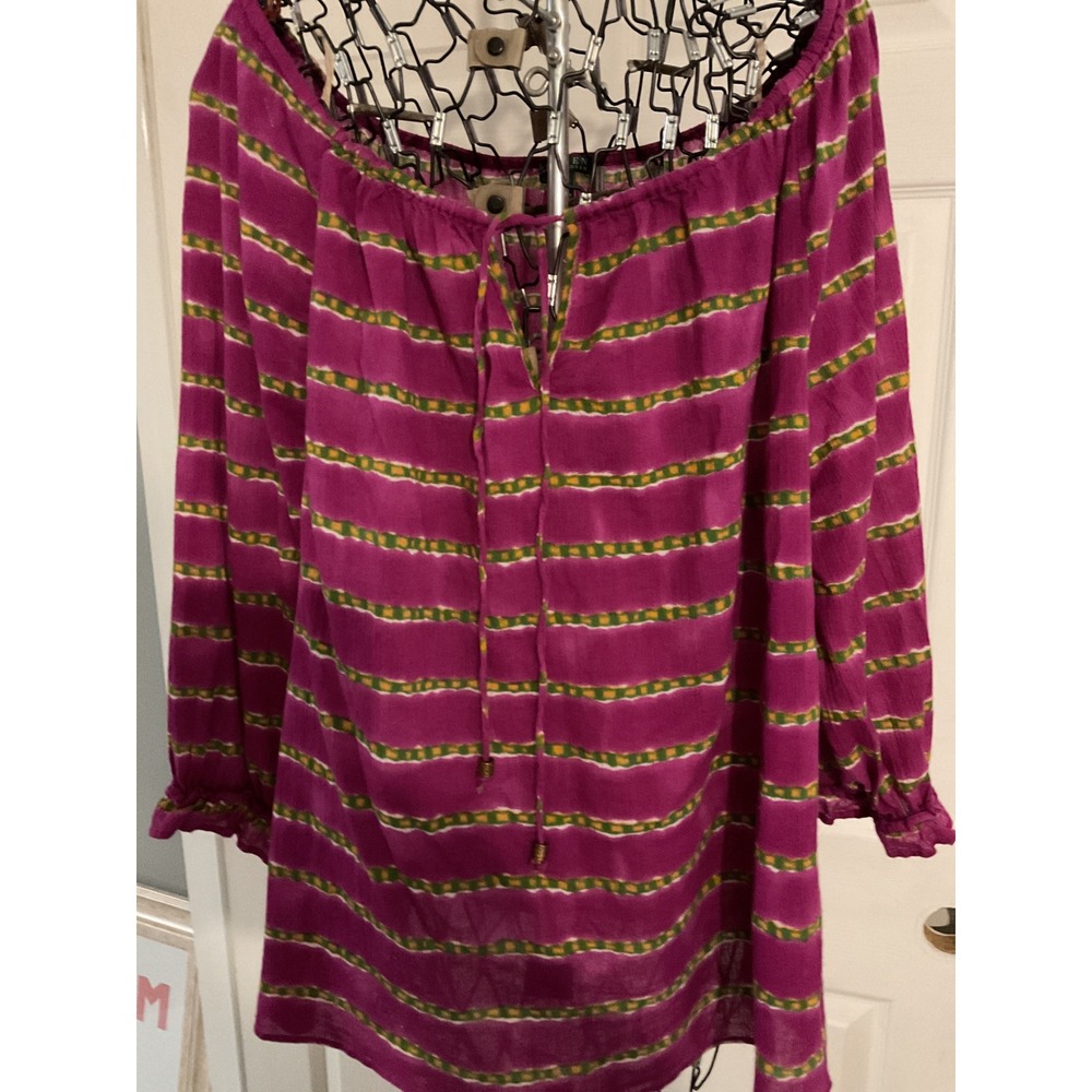 Lauren Ralph Lauren Magenta Stripe Tie Neck Boho Peasant Blouse Top XL